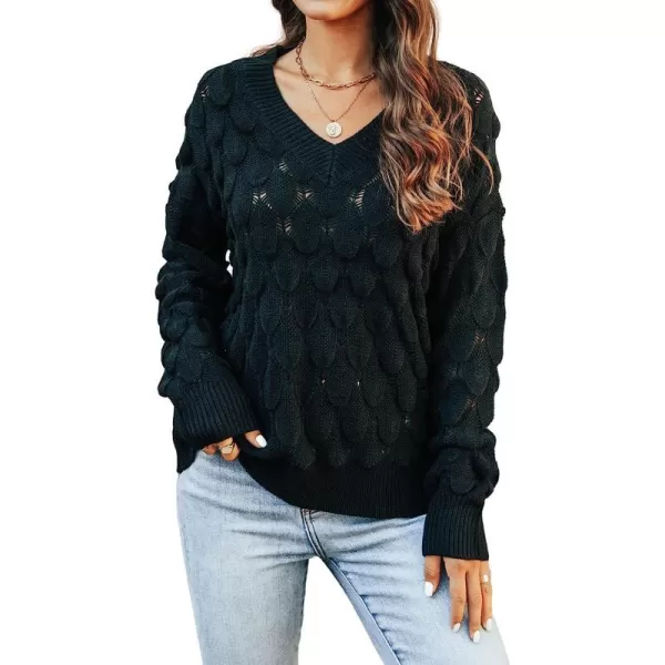 imageCUPSHE Womens Casual V Neck Crochet Knit Sweater Long Sleeves Pullover with Ribbed TrimBlack
