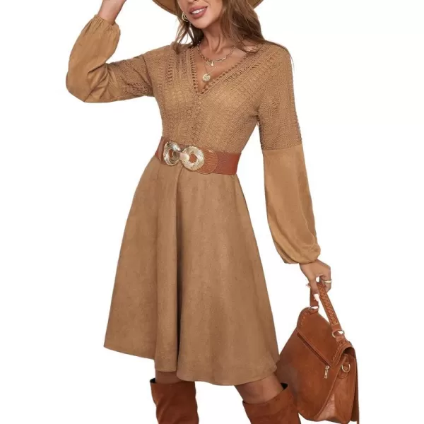 imageCUPSHE Womens Casual V Neck Knee Length Dresses ALine Long Sleeves Dress with Lace TrimLight Brown