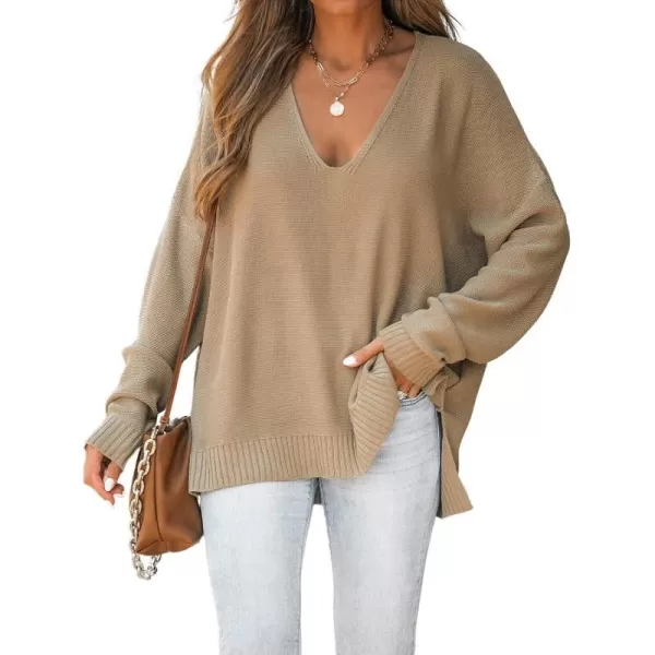 imageCUPSHE Womens Casual V Neck Knit Sweater Oversized Long Sleeves Pullover with Ribbed Trim DetailLight Brown