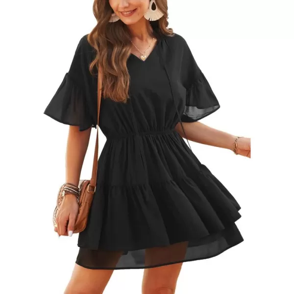 imageCUPSHE Womens Casual V Neck Ruched Short Length Dresses Elastic Waist Ruffled Mini Dress with Short SleevesBlack