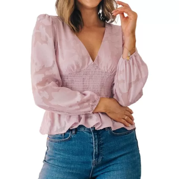 imageCUPSHE Womens Casual V Neck Ruffled Blouse Smocking Waisted Shirts Long Sleeves TopsPink
