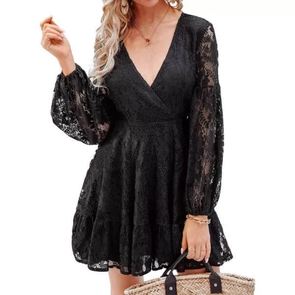 imageCUPSHE Womens Casual V Neck Short Length Dresses Long Sleeves Mini Dress with Open BackBlack