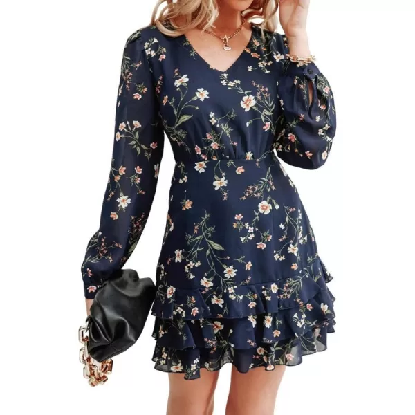 imageCUPSHE Womens Casual V Neck Short Length Dresses Long Sleeves Ruffled Mini Dress with Floral PrintNavy Blue