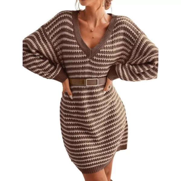 imageCUPSHE Womens Casual V Neck Sweater Dress Ribbed Knit Long Sleeves Pullover with Striped PatternCoffee