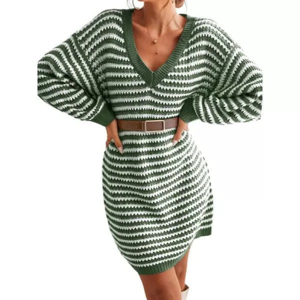imageCUPSHE Womens Casual V Neck Sweater Dress Ribbed Knit Long Sleeves Pullover with Striped PatternGreen