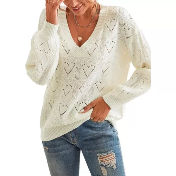 imageCUPSHE Womens Casual V Neck Sweater Lightweight Soft Knit Pointelle Pullover with Long SleevesWhite