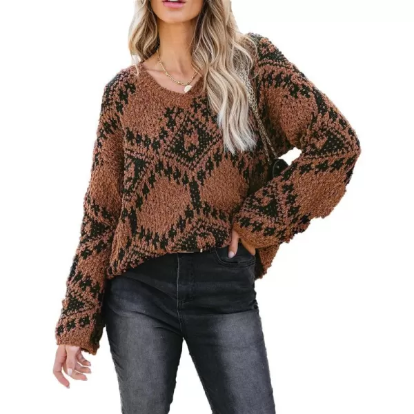 imageCUPSHE Womens Chenille Knit V Neck Fall Sweaters Long Sleeves Pullover with Ribbed TrimBrown