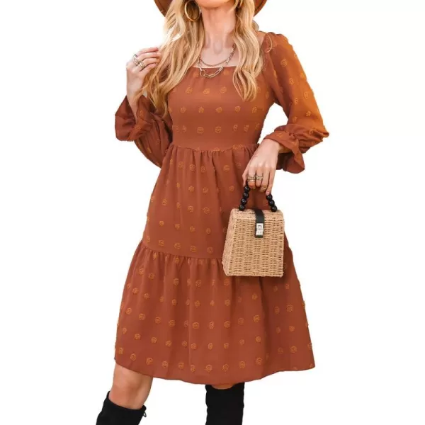 imageCUPSHE Womens Clip Dot Square Neck Long Sleeve Midi Dress Smocked Lace A Line DressOrange