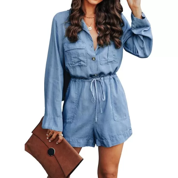imageCUPSHE Womens Collar Front Jumpsuit Drawstring Waist Button with PocketsBlue