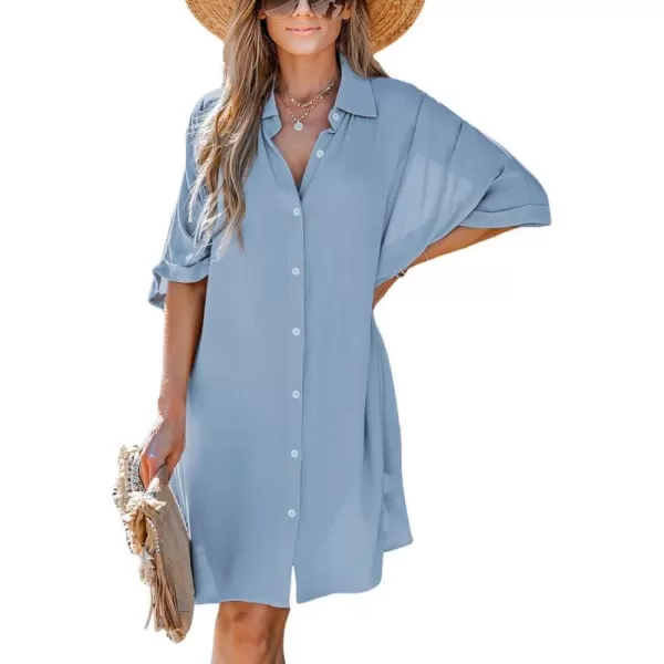 imageCUPSHE Womens Collared Neck Dresses for Summer Button Shirt Half Sleeve Mini Beach Cover Up DressBlue