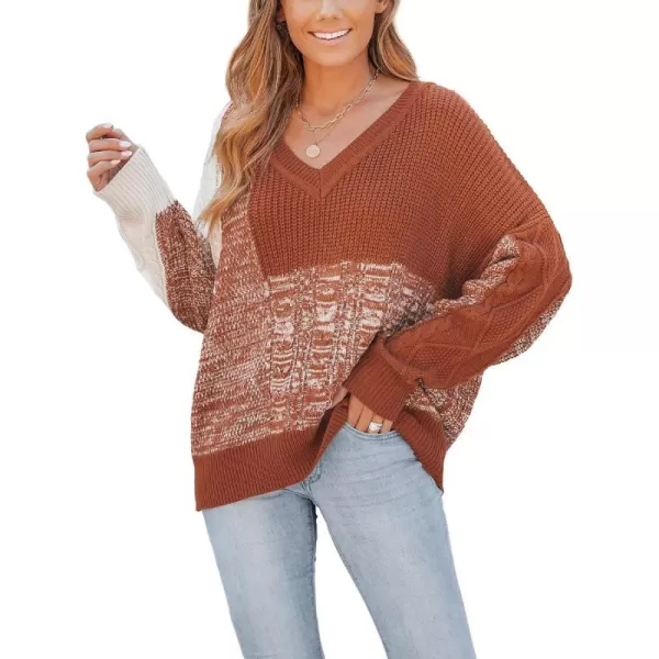 imageCUPSHE Womens Color Block Sweaters Long Sleeve V Neck Pullover Knit Jumper TopsBrick Red