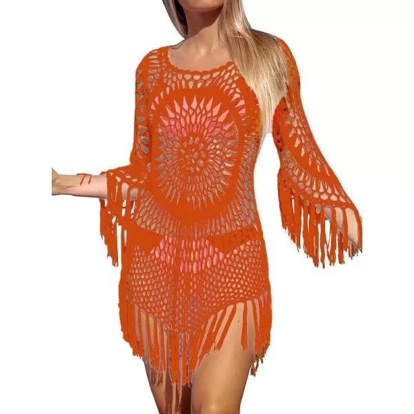 imageCUPSHE Womens Cover Up Crochet Hollow Out Tassel Swimsuit 34 SleeveRed