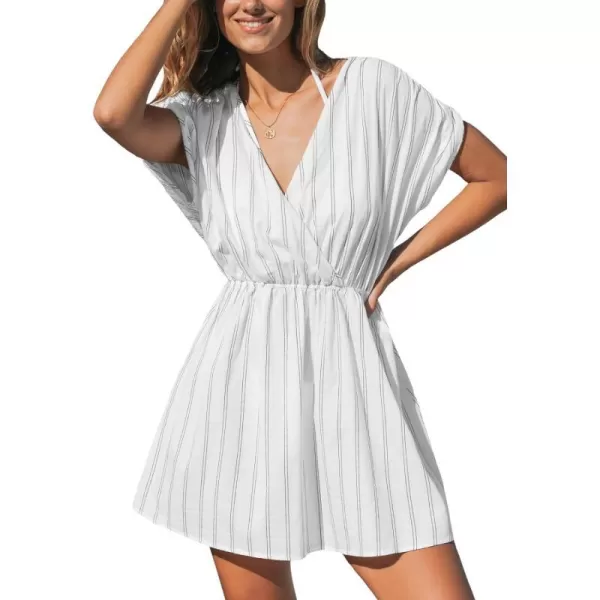 imageCUPSHE Womens Cover Up Mini Dress Surplice V Neck Swimwear Pullover Summer Beach WovenWhite Striped