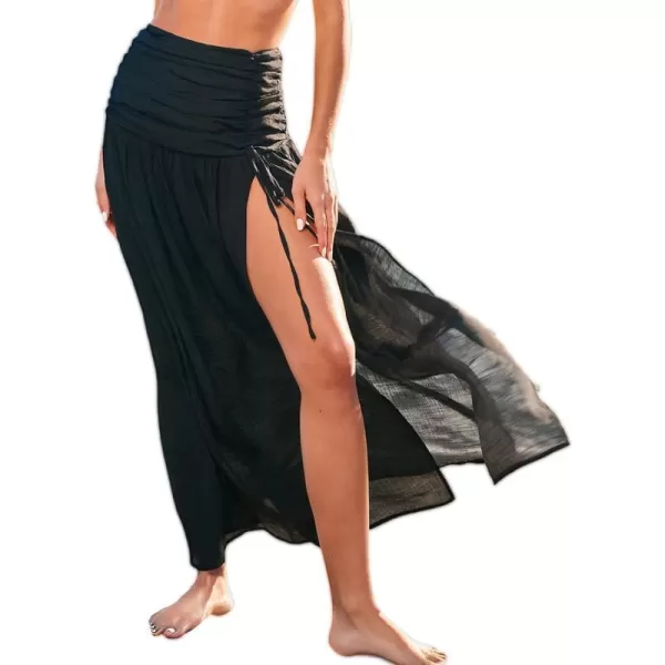imageCUPSHE Womens Cover Up Skirt Ruched Waist Maxi Sarong Cover Ups 2024 Summer Beach Tie WrapsBlack