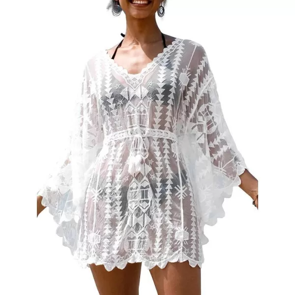 imageCUPSHE Womens Cover Up Sleeve Embroidery Crochet VNeck Mesh Top Long Sleeve SwimsuitWhite