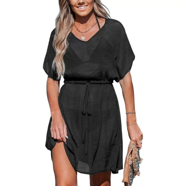 imageCUPSHE Womens Cover Up Swimwear Self Tie Waist Mini Dress Sheer Beach SummerBlack