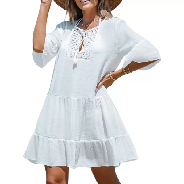 imageCUPSHE Womens Cover Up Tassel Tie Front Crochet Mini Cover Up Dress Flounce Trim DressWhite