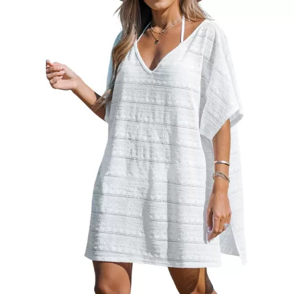 imageCUPSHE Womens Cover Up V Neck Crochet Dolman Sleeve Short Cover Up Dress Side Slit Loose Beach Mini DressWhite
