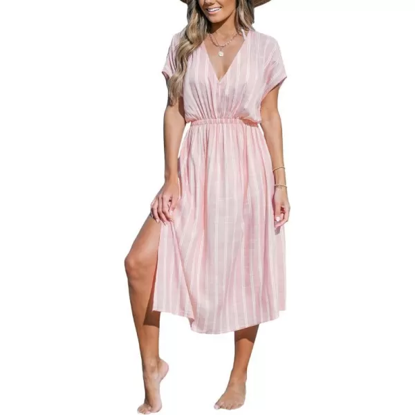 imageCUPSHE Womens Cover Up V Neck Midi Dress Short Sleeves Beachwear Casual Coverups Striped Summer 2024Light Pink