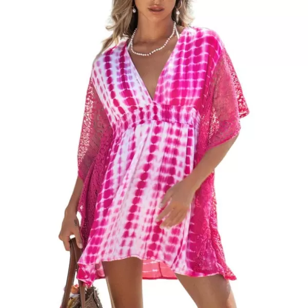 imageCUPSHE Womens Cover Up V Neck TieDye Knit Sheer Sleeve Mini Cover Up Dress Woven Smocked Lace DressHot Pink
