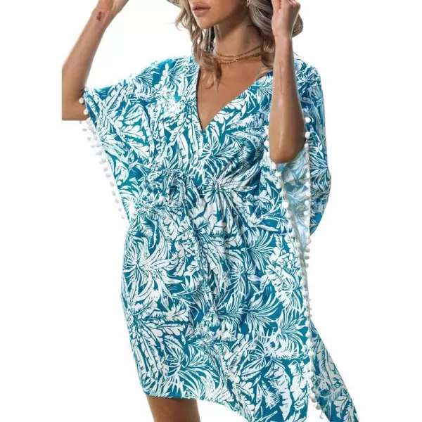 imageCUPSHE Womens Cover Up V Neck Tropical Leaf Print Mini Cover Up Dress Woven Drawstring DressBlue