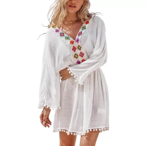 imageCUPSHE Womens Cover Ups Swimsuits Pom Pom Long Sleeves Ethnic Crochet V Neckline Beachwear Dress 2024White