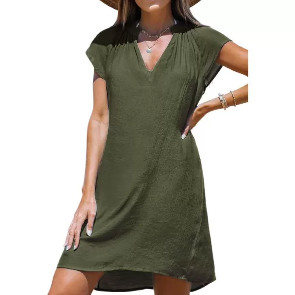imageCUPSHE Womens Cover up V Neck Short Sleeve Flowy Pleated Cover Up Dress Woven Mini DressOlive Green