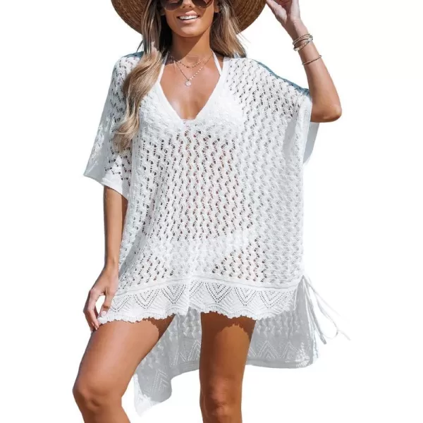 imageCUPSHE Womens Cover up V NeckCrochet Tie Side Beach Loose Short Sleeve Dress Mini Beach DressWhite