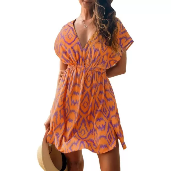 imageCUPSHE Womens Coverups Swimsuit V Neck Bikini Short Sleeves Beachwear Cover Up Dress 2024Orange Geometric