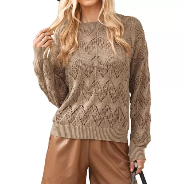 imageCUPSHE Womens Crew Neck Crochet Sweater Long Sleeve Lightweight Casual Knitted Pullover SweaterBrown