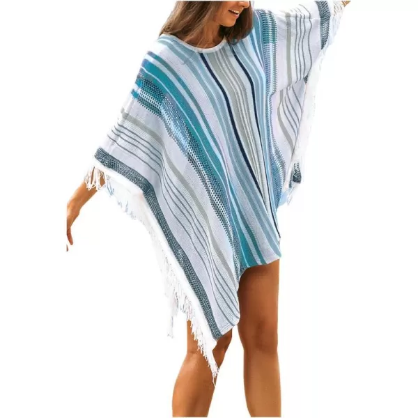 imageCUPSHE Womens Crochet Beach Bikini Cover Up Colorful Strip Tassels V Neck Drop Shoulde 34 Sleeve Loose Waisted Mini LengthBlue