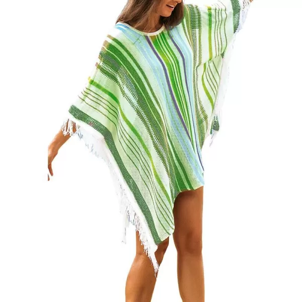 imageCUPSHE Womens Crochet Beach Bikini Cover Up Colorful Strip Tassels V Neck Drop Shoulde 34 Sleeve Loose Waisted Mini LengthGreen