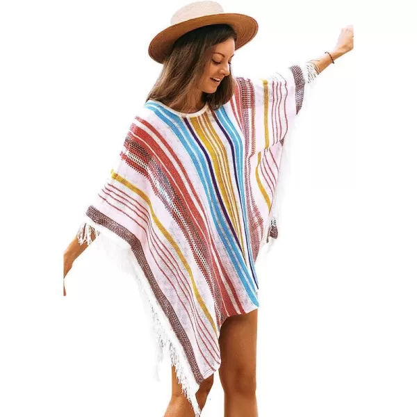 imageCUPSHE Womens Crochet Beach Bikini Cover Up Colorful Strip Tassels V Neck Drop Shoulde 34 Sleeve Loose Waisted Mini LengthMulticolor