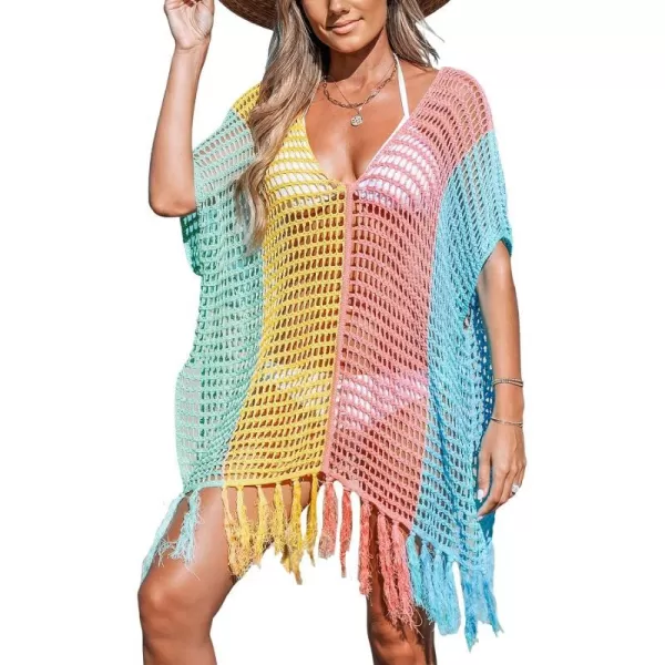 imageCUPSHE Womens Crochet Beach Bikini Cover Up Colorful Strip Tassels V Neck Drop Shoulde 34 Sleeve Loose Waisted Mini LengthRainbow Color