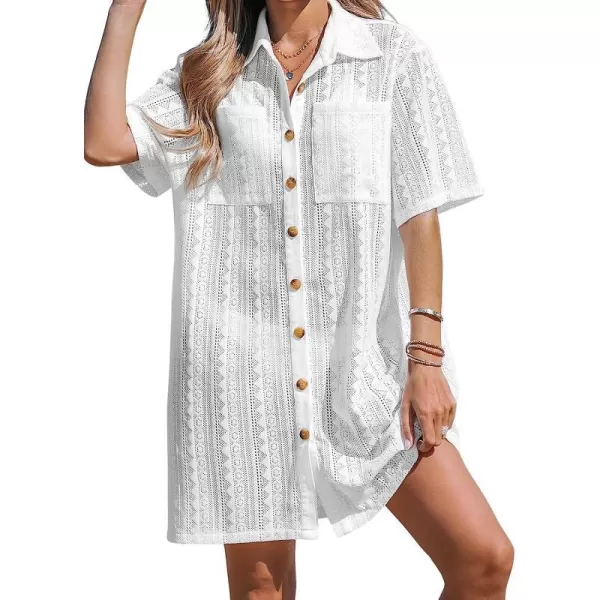 imageCUPSHE Womens Crochet Buttoned Short CoverUp Short Sleeve Cover Up with PocketsWhite