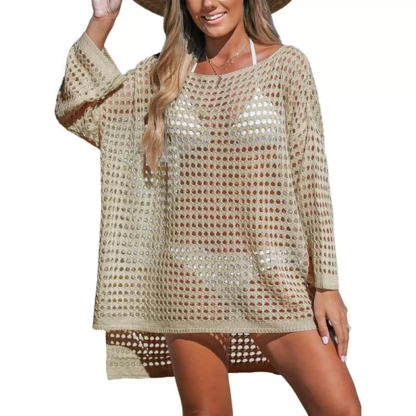imageCUPSHE Womens Crochet Cover Up Cutout Drop Shoulder Long Sleeves Pullover Beachwear Bathing Suit 2024Apricot