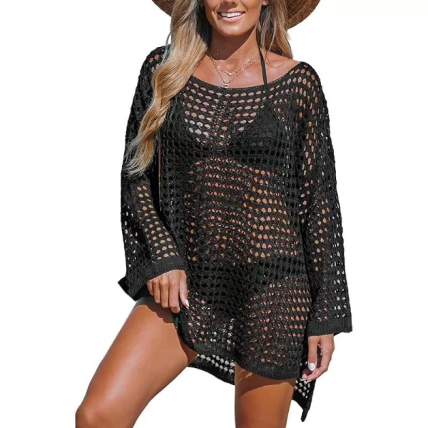 imageCUPSHE Womens Crochet Cover Up Cutout Drop Shoulder Long Sleeves Pullover Beachwear Bathing Suit 2024Black