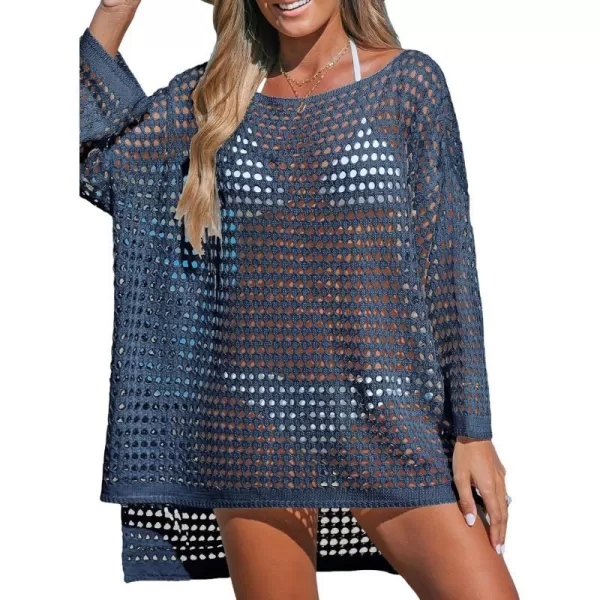imageCUPSHE Womens Crochet Cover Up Cutout Drop Shoulder Long Sleeves Pullover Beachwear Bathing Suit 2024Deep Blue