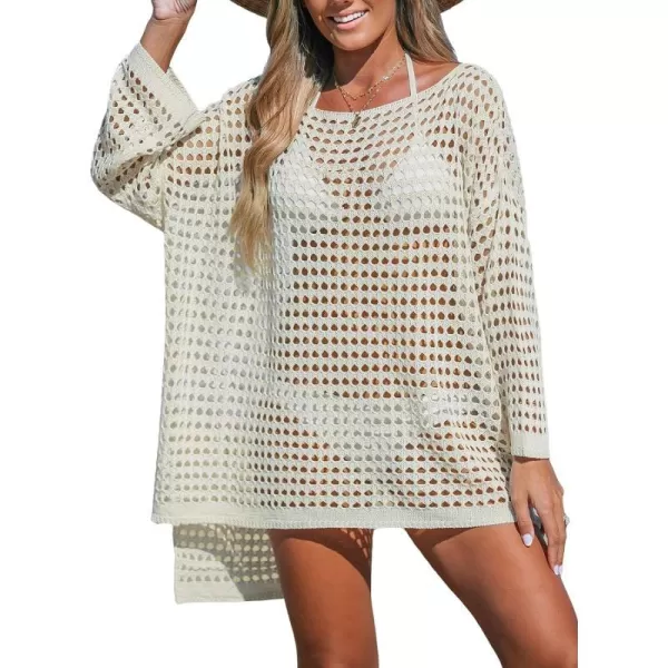 imageCUPSHE Womens Crochet Cover Up Cutout Drop Shoulder Long Sleeves Pullover Beachwear Bathing Suit 2024Sand
