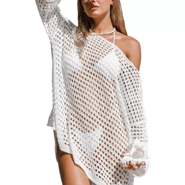 imageCUPSHE Womens Crochet Cover Up Cutout Drop Shoulder Long Sleeves Pullover Beachwear Bathing Suit 2024White
