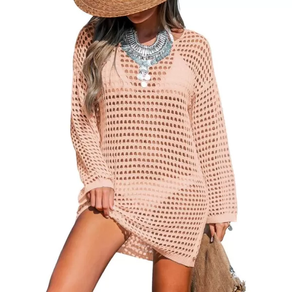 imageCUPSHE Womens Crochet Cover Up Swimwear Scoop Neck Long Sleeve Boho Tunic Tops Beachwear 2024Peach Pink