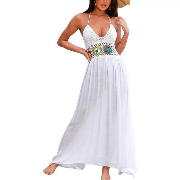 imageCUPSHE Womens Crochet Cover Ups V Neck Maxi Sexy Sundress Swimwear Knit Strappy Dress Beach Summer OutfitsWhite