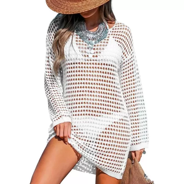 imageCUPSHE Womens Crochet Knit Swim Beach Cover Up Scoop Neck Long Sleeve Boho Tunic Top BeachwearWhite