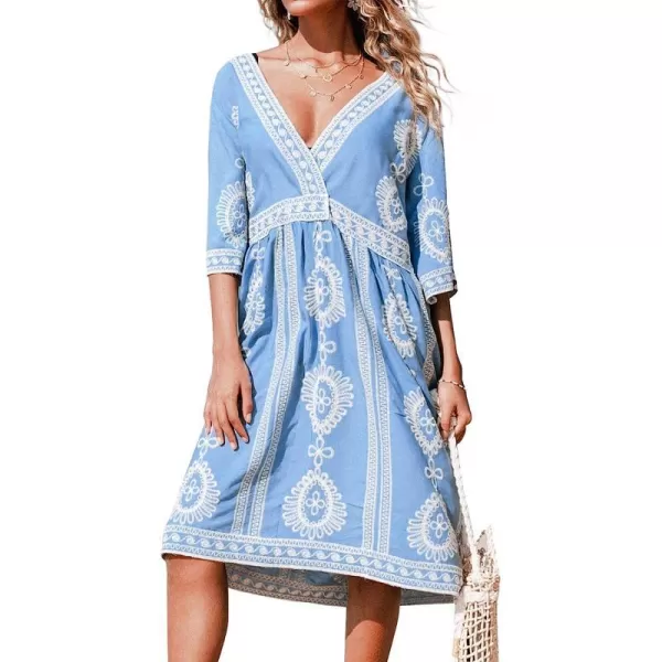 imageCUPSHE Womens Crochet V Neck Plunge Embroidery Half Sleeves Cover Up Loose Waisted Tea Length DressBlue