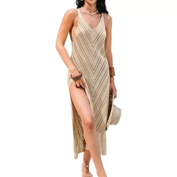 imageCUPSHE Womens Crochet VNeck CoverUp Wide Straps Sheer Knit Maxi Dress BeachwearKhaki