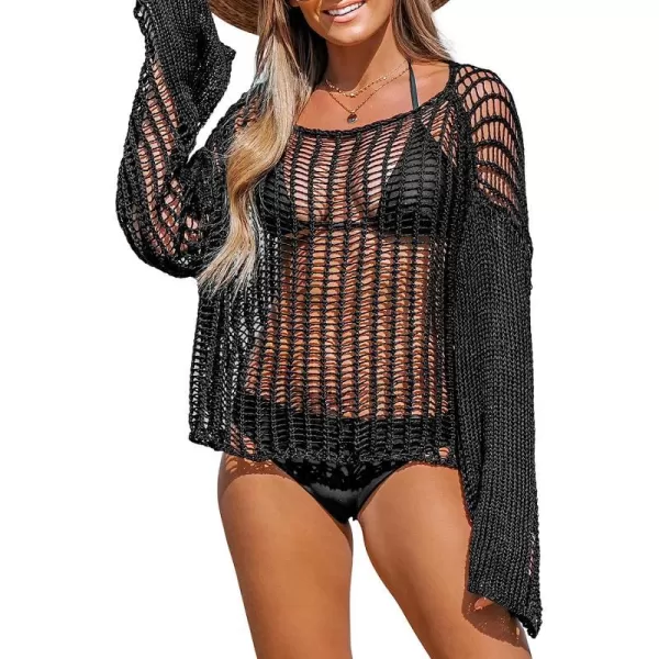 imageCUPSHE Womens Cutout Crochet Swim Beach Cover Up Long Sleeve Pull Over Tunic Top BeachwearBlack