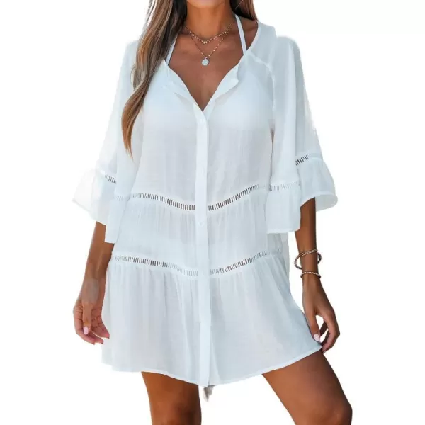 imageCUPSHE Womens Cutout Tiered CoverUp Shirt Dress White Vneck Aline BeachwearWhite