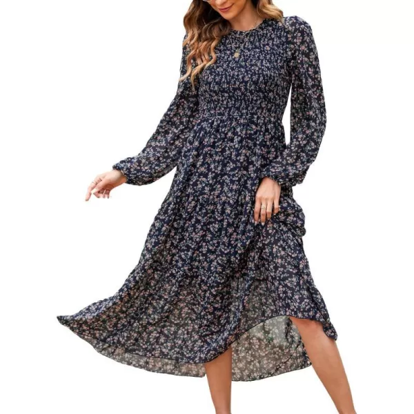 imageCUPSHE Womens Disty Floral Print Round Neck Long Sleeve Smocked Waist Maxi Dress Casual A Line Long Chiffon DressNavy Blue
