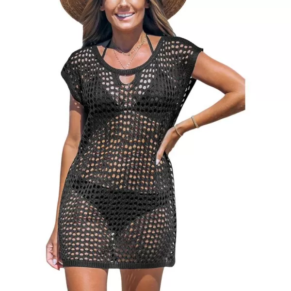 imageCUPSHE Womens Dolman Sleeves Coverups Round Neck Swimsuit Mini Dresses Hollow Out Knit Summer Beach 2024Black