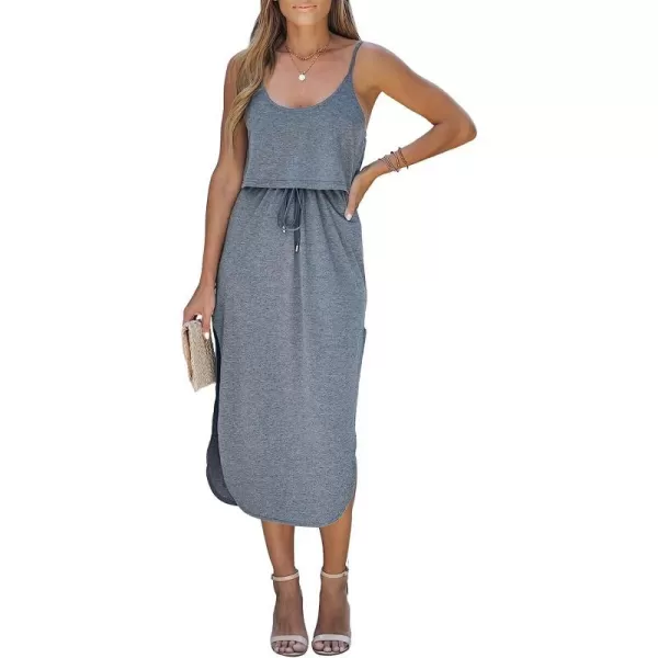 imageCUPSHE Womens Drawstring Cami Midi Dress Spaghetti Straps Scoop Neck High Slit A Line DressGrey